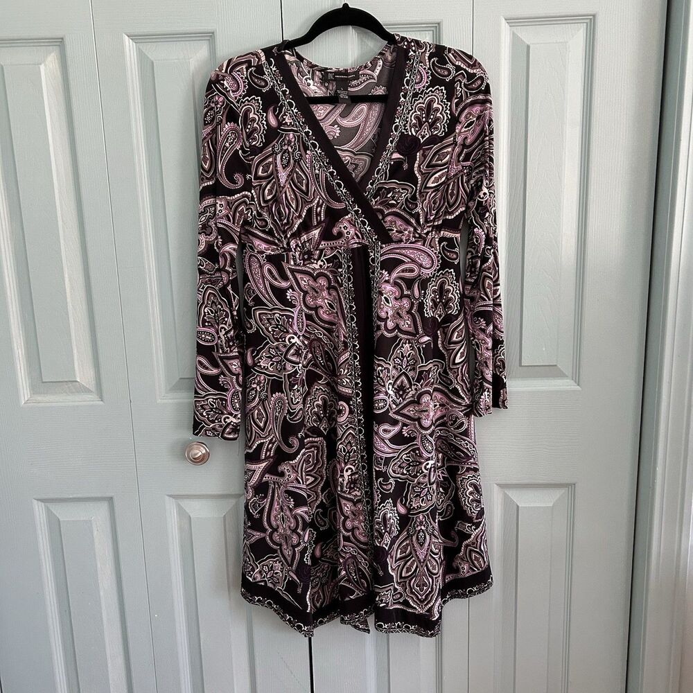 INC Paisley Babydoll Black Purple Midi Dress Lg V-Neck‎ 3/4 Sleeve Retro Hippie